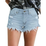 luvamia Ladies Sexy High Waisted Denim Shorts Frayed Raw Hem Ripped Jeans Pants Size S Sky Blue